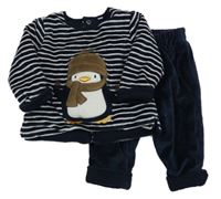 2Set - Tmavomodro-bílá pruhovaná sametová zateplená mikina s tučňáčkem + tepláky 