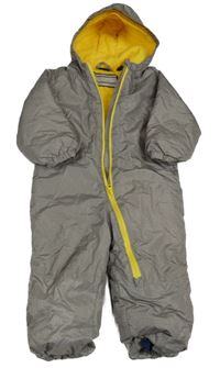 Béžovo-sivá melírovaná šušťáková zimná kombinéza s medvedíkom a kapucňou lupilu