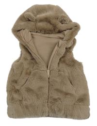 Hnedá kožušinová podšitá vesta s kapucňou s uškami St. Bernard
