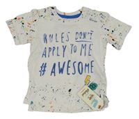 Nové - biele melírované tričko s nápismi a barevnými skvrnkami Rebel