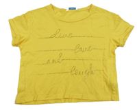 Tmavožlté crop tričko s nápisy z kamínků mayoral