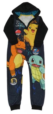 Černo-barevná fleecová kombinéza s Pokémony a kapucí George
