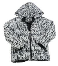 Biela šušťáková zimná bunda s nápismi a kapucí Dior