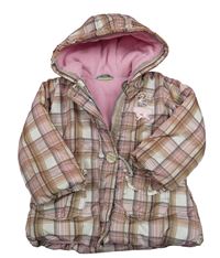 Béžovo-hnědo-růžová kostkovaná šusťáková zimní bunda s číslem a kapucí Topolino