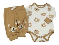 2set - Bílé žebrované body s medvědy + hnědé tepláky