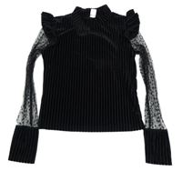 Čierne rebrované zamatové crop tričko s tylovymi rukávy Shein