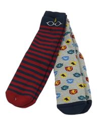 2x zateplené ponožky s Harry Potter - červeno-tmavomodré pruhované + šedé melírované