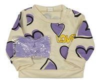 2set - Béžová mikina so srdíčky + lila čelenka s mašlou Shein