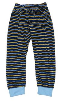 Tmavomodro-modro-žlté pruhované zamatové pyžamové nohavice Pocopiano