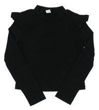 Čierne rebrované tričko s volánikmi Shein