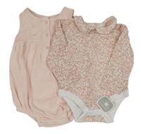 Nové - 2set - Bílo-růžové květované body + světlerůžový sametový kraťasový overal Nutmeg