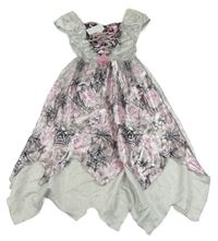 Nové - kockovaným - stříbřitě sivé kvetované šaty s tylem F&F