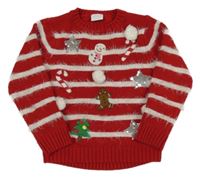 Čierno-biely pruhovaný sveter s vánočními obrázky F&F