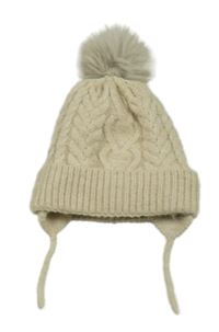 Béžová vzorovaná pletená zateplená čepice s bambulí 