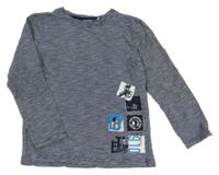 Tmavomodro-bílé pruhované triko s potiskem Topolino