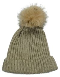 Béžová pletená čepice s bambulí Zara