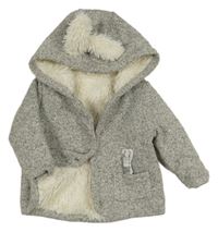 Šedý melírovaný pletený propínací zateplený svetr s kapucí a oušky Next