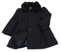 Tmavomodro-čierny kockovaný trblietavý vlnený podšitý kabát s kožušinovým golierom F&F