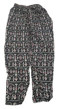 Čierno-bielo-ružové vzorované ľahké nohavice Pepperts