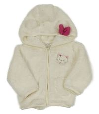 Smotanová chlpatá prepínaci mikina s mačičkou a kapucňou s mašlou