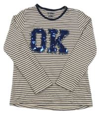 Béžovo-tmavomodré pruhované tričko s nápisem z flitrů Tchibo