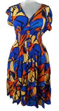 Dámske modro-oranžovo-červené vzorované šaty