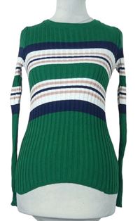 Dámsky zeleno-farebný pruhovaný rebrovaný ľahký sveter New Look