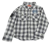 Šedo-bílá kostkovaná košile s nápisem 