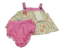 Nové - 2set -  bílo-barevné plátěné vzorované šaty + růžové vzorované kalhotky