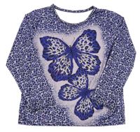 Fialové elastické vzorované crop tričko s motýlom