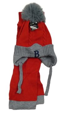 Nové - Červeno-šedá čepice s písmenem + šála