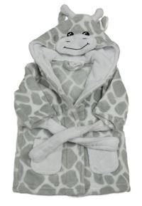 Šedo-bílý vzorovaný chlupatý župan s kapucí - žirafa