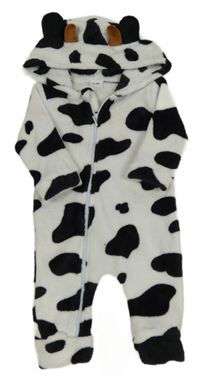 Bielo-čierna vzorovaná chlpatá kombinéza s kapucí - kravička