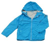 Modrá šusťáková jarní bunda s nápisem a kapucí 