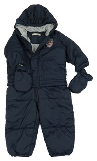 Tmavomodrá šušťáková zimná kombinéza s kapucí + rukavice