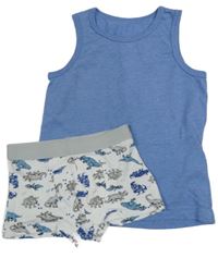 2set - Modrý nátělník + biele boxerky s dinosaurami