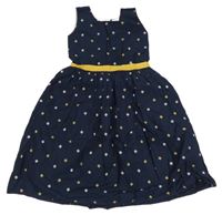 Tmavomodro-bielo-okrové vzorované plátenné šaty