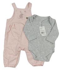 2set - Ružovo-biele pruhované na traké tepláky + sivé body Mothercare