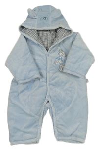 Svetlomodrá zamatová zateplená kombinéza s medvedíkmi a kapucňou