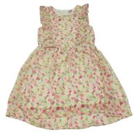 Smotanové šifónové šaty s kvetmi a volánikmi Dopodopo