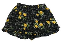 Černé puntíkaté kraťasy s růžemi a volánky PRIMARK