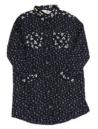 Tmavomodré puntíkaté plátěné propínací košilové šaty s květy H&M
