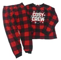 Červeno-čierne kockované fleecové pyžama s nápismi a vločkami