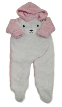 Bielo-svetloružová huňatá podšitá kombinéza s medvedíkom a kapucňou zn. dopodopo