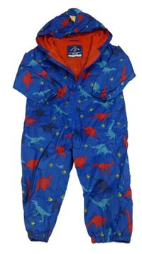 Modrá šušťáková jarná kombinéza s dinosaurami a kapucňou s ostny zn. George