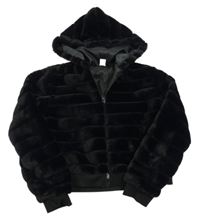 Černý žebrovaný kožešinový podšitý crop bomber s kapucňou SHEIN