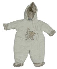 Biela šušťáková zimná kombinéza s medvedíkom a zajačikom a kapucňou s uškami Topomini