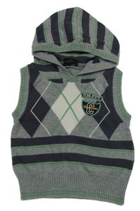 Sivo-tmavomodrá melírovaná svetrová vesta s nášivkami a károváním a pruhmi a kapucňou Next