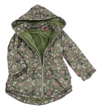 Khaki-tmavokhaki kockovaná šušťáková jarná zateplená parka s kvietkami a kapucňou zn.