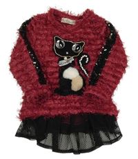 Vínový chlpatý sveter s mačičkou s korálkami a kamienkami a flitrami a čierným sieťovaným volánikom Sofia